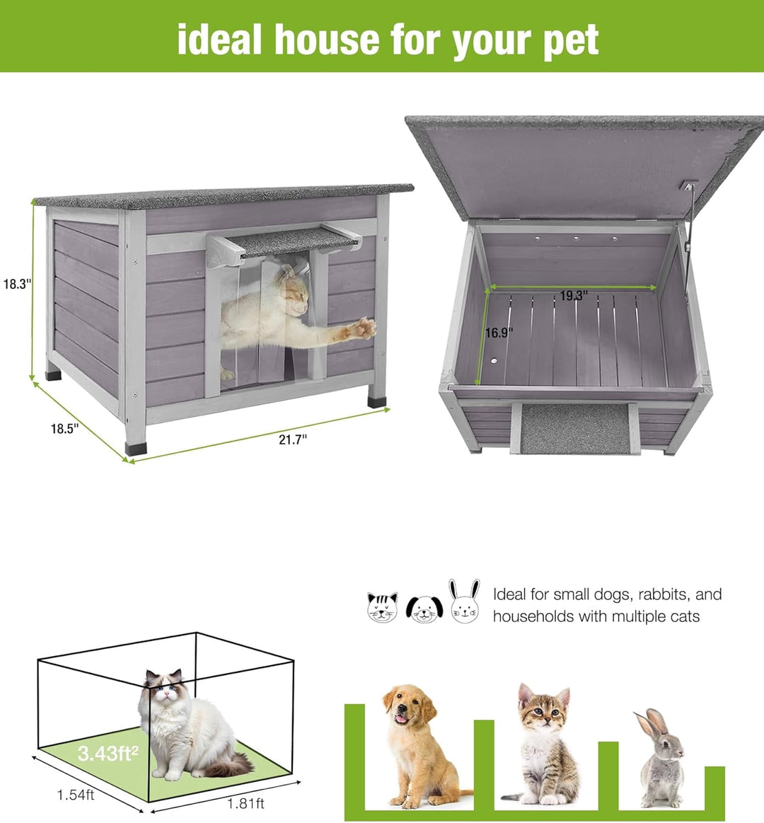 MEDEHOO Outdoor Cat House Weatherproof, Feral Cat House with Asphalt Roof, PVC Curtains &amp; Raised Base, Easy To Clean AIR12-G-AD-WM