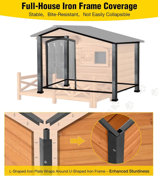 MEDEHOO Dog House Outdoor with Anti-Chewing Metal Frame, Wooden Dog Kennel with Sliding Window, Detachable Floor, Weatherproof Roof - Natural