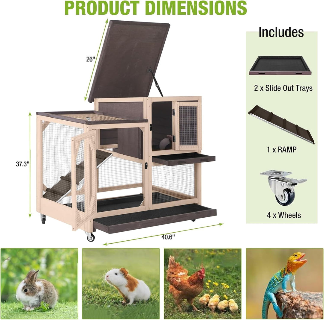MEDEHOO 2-Story Rabbit Hutch with Chew-Proof Ramp &amp; Pull-Out Trays - Indoor/Outdoor 39.3" Wooden Rabbit Cage on Wheels for Rabbits, Guinea Pigs (Beigie&amp;Brown)