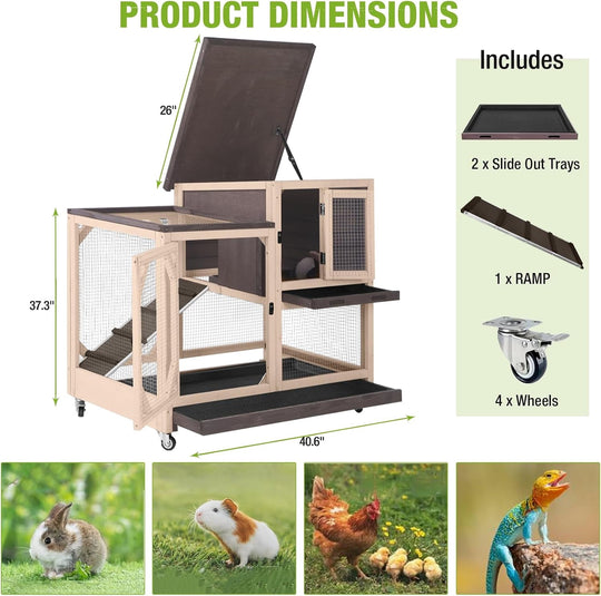MEDEHOO 2-Story Rabbit Hutch with Chew-Proof Ramp &amp; Pull-Out Trays - Indoor/Outdoor 39.3" Wooden Rabbit Cage on Wheels for Rabbits, Guinea Pigs (Beigie&amp;Brown)