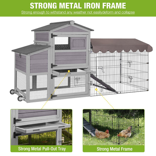 MEDEHOO Mobile Chicken Coop 79" Large All-Steel Frame Hen House Poultry Cage with Metal Run, Waterproof Rain Cover AIR7008-J-WM