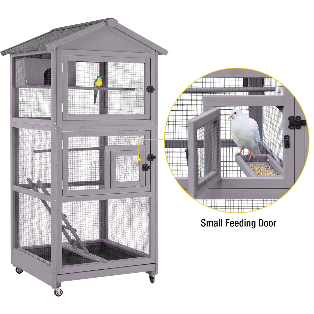 MEDEHOO 71'' Large Wooden Birdcages with Stand, Movable Aviary Flight Cage for Parakeets, Cockatiel, Parrot, Finch, Canary
