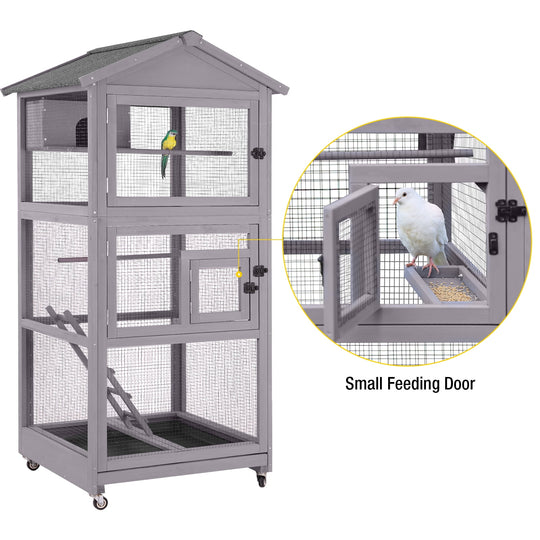MEDEHOO 71'' Large Wooden Birdcages with Stand, Movable Aviary Flight Cage for Parakeets, Cockatiel, Parrot, Finch, Canary