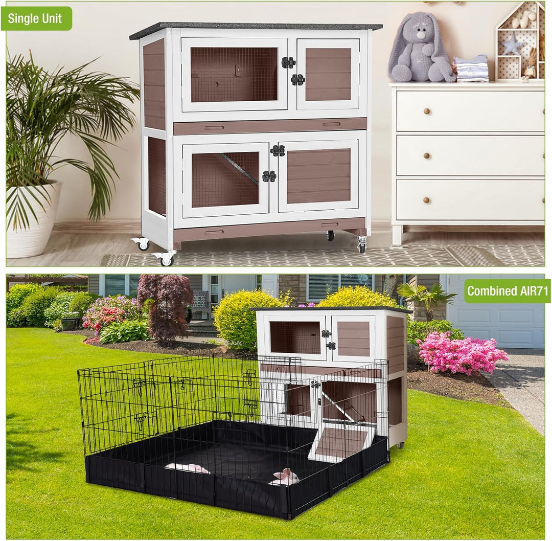 MEDEHOO 2-Story Rabbit Hutch Indoor Bunny Cage Wooden Guinea Pig House with Chew-Proof Ramp, Leakproof Slide-Out Trays, Lockable Caster Wheels for 1-3 Rabbits (Brown) AIR77WZ-MA4-WM