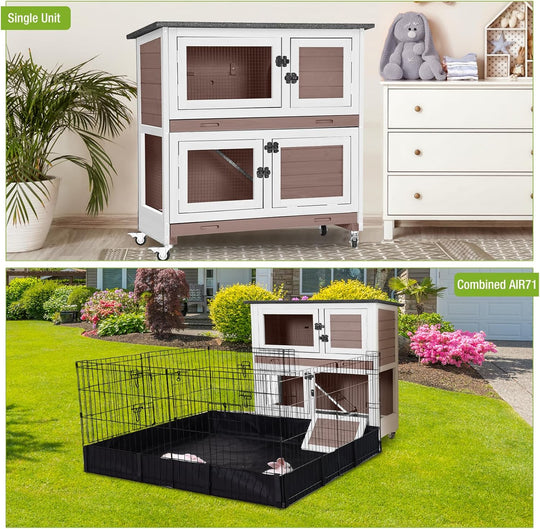 MEDEHOO 2-Story Rabbit Hutch Indoor Bunny Cage Wooden Guinea Pig House with Chew-Proof Ramp, Leakproof Slide-Out Trays, Lockable Caster Wheels for 1-3 Rabbits (Brown) AIR77WZ-MA4-WM