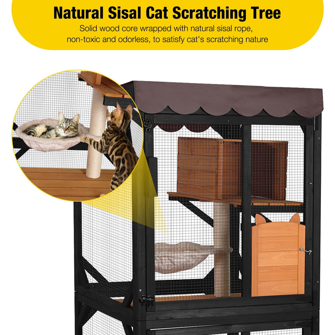 MEDEHOO Catio Outdoor Cat Enclosure with Wheels, Resting Box, Cat Scratching Post, Jumping Platform, Outdoor Cat House for Cats, Brown AIR7014-WM