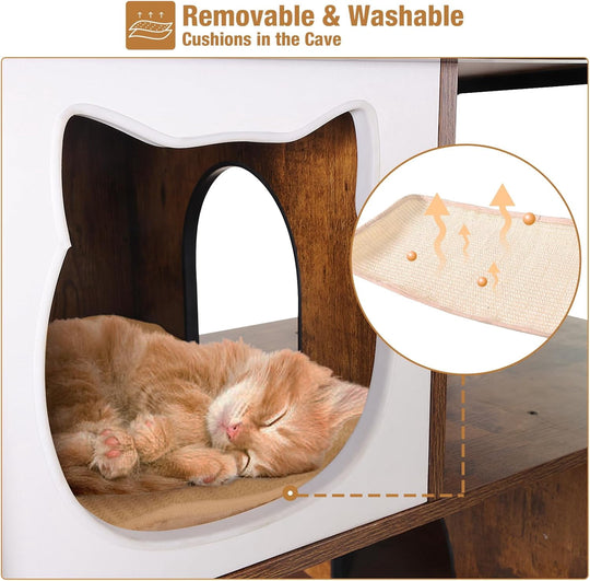 MEDEHOO Cat Litter Box Furniture Enclosure 4 Levels Cat Tree Hidden Cabinet with Storage and Scratch,4 Tiers AIR102-J-WM