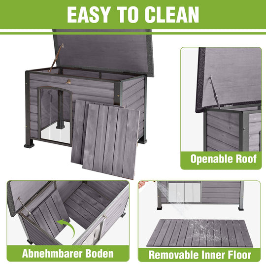 MEDEHOO 33.5 in Wooden Dog House for Medium Dogs, Chew-Proof Iron Frame Outdoor Dog Kennel with Openable Roof and Removable Floor, Grey