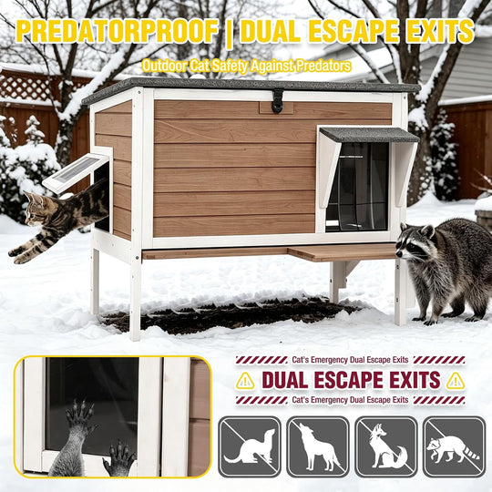 MEDEHOO Large Heated Cat House with Liner, Weatherproof Cat Shelter | Brown Outdoor Insulated Windproof Feral Cat Shelter with Heating Pad, Chewproof Cable