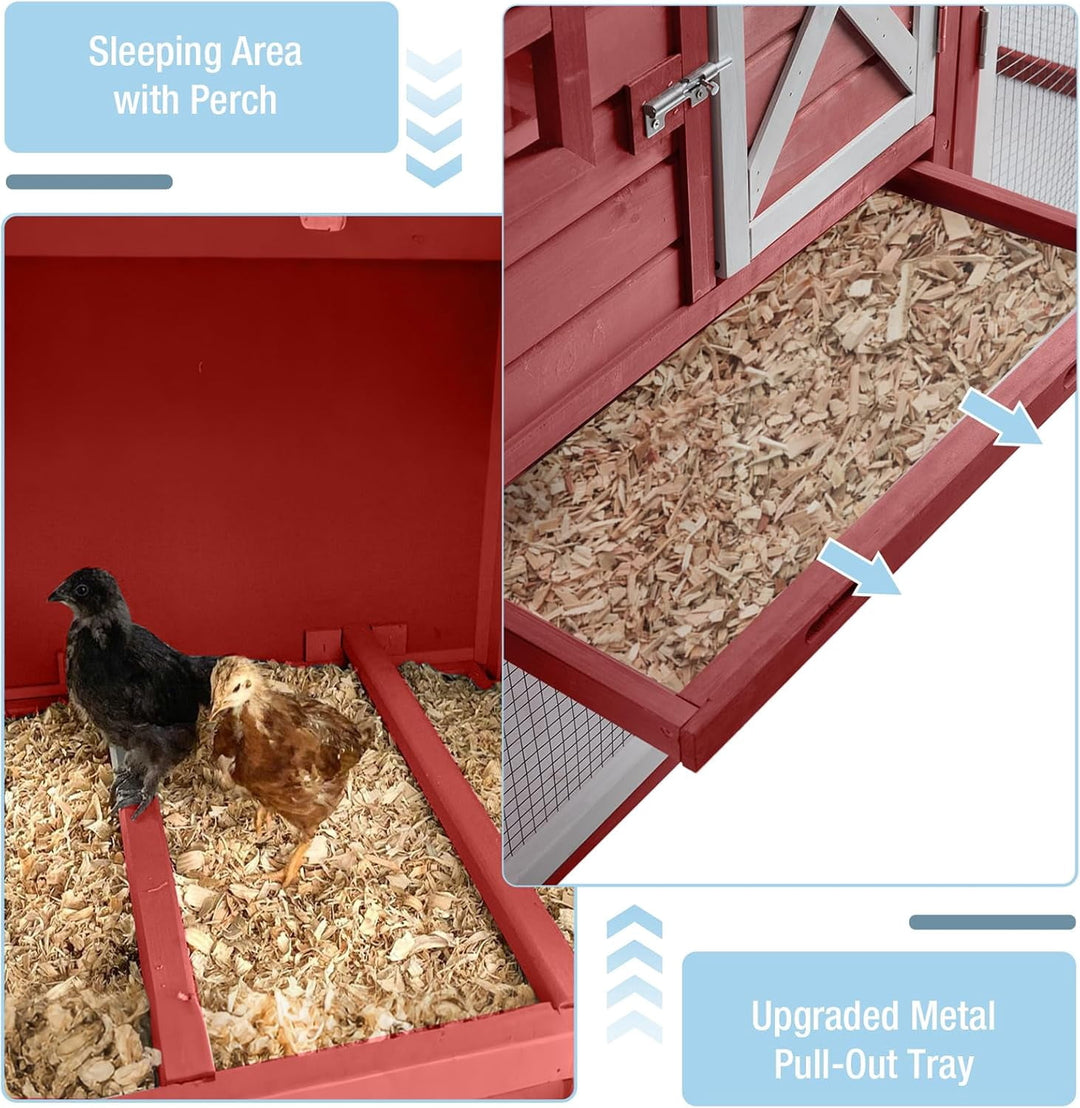 MEDEHOO Chicken Coop Mobile Chicken House on Wheels, Rabbit Hutch Bunny Cage Expandable Wooden Poultry Cage with Large Nesting Box Leakproof Pull-Out Tray,UV-Resistant Roof (Red) KAIR32-R-WM