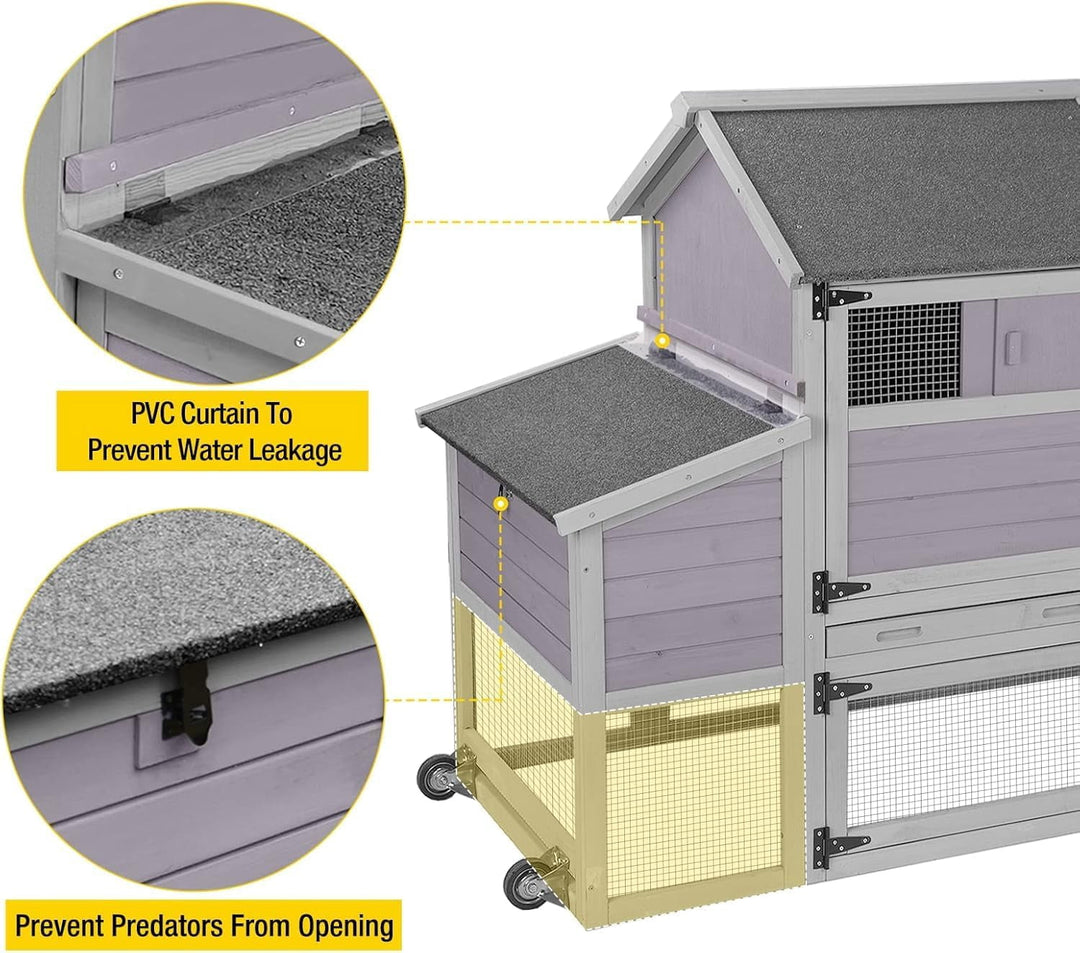 MEDEHOO Expandable Mobile Chicken Coop with Wheels for 4–6 Chickens, Reinforced Nesting Box, Full-Cover UV Roof, Weatherproof Outdoor Hen &amp; Duck House with Metal Tray, 77" L x 33.3" W x 46.5" H NAIR27-WM
