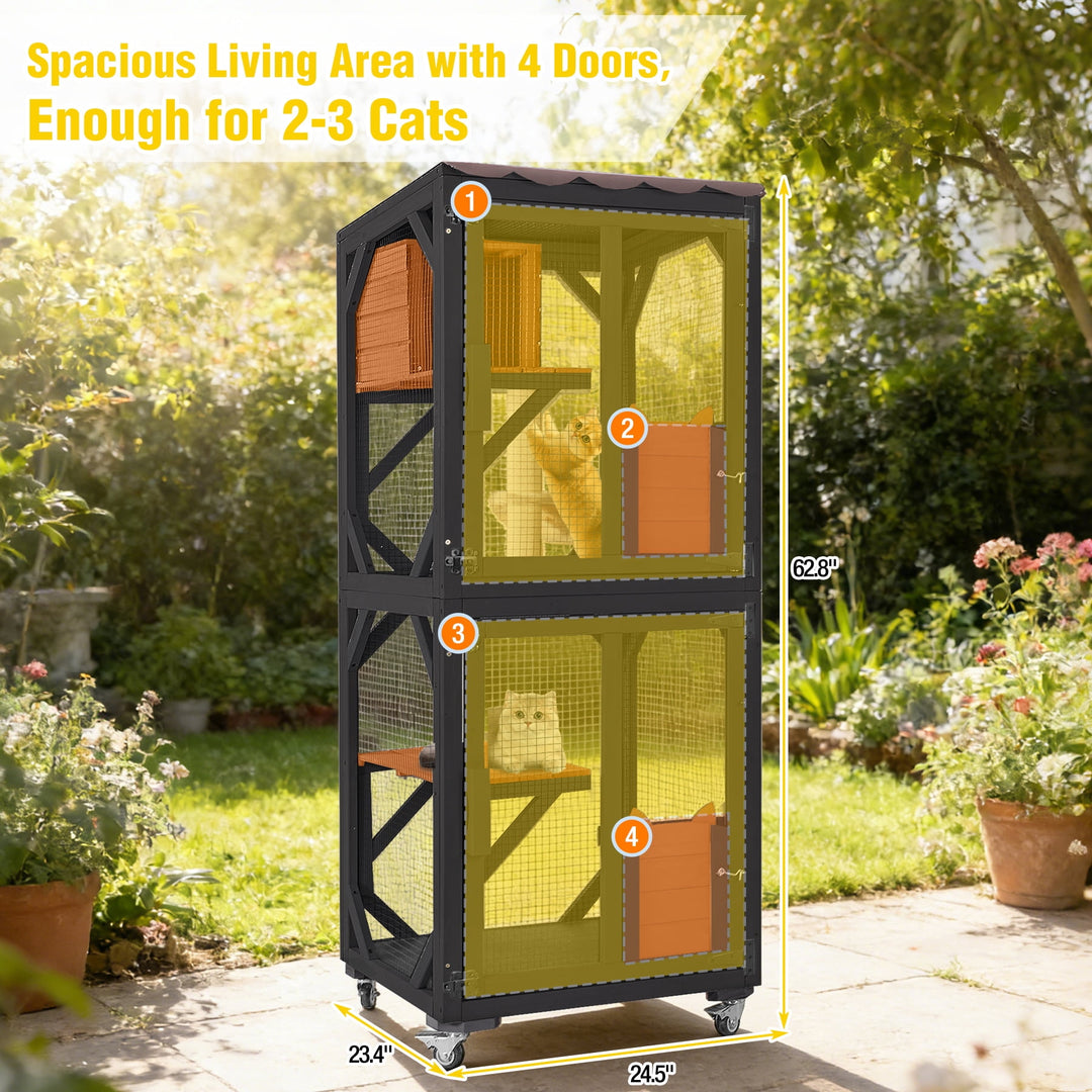 62.8" Catio Outdoor Cat Enclosure, Mobile Catio Enclosure Indoor On Wheels with Scratch Post, Hammock, Resting Box, Platform, Tarp Roof, Black