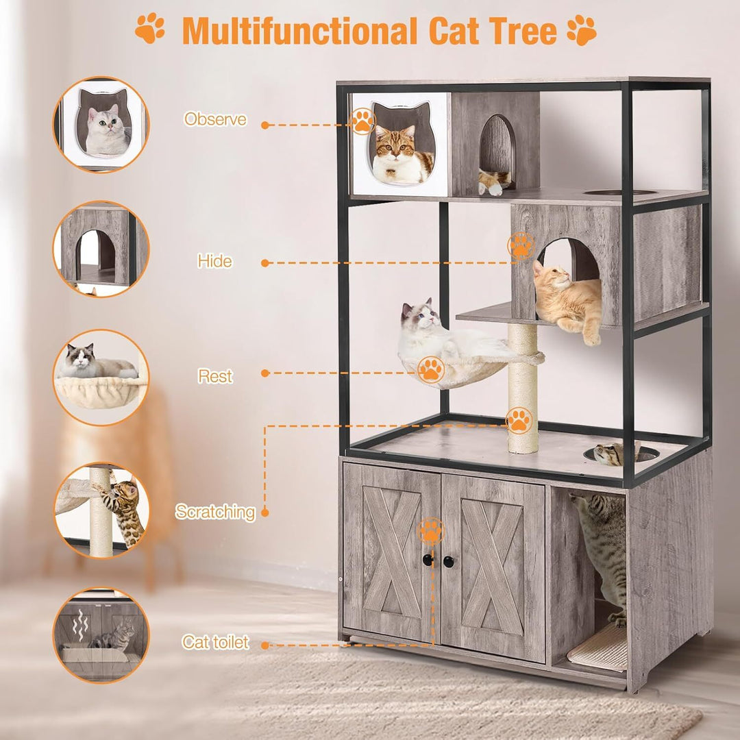 MEDEHOO Cat Litter Box Enclosure, Hidden Litter Box Furniture with Metal Frame, Wooden Kitty House with Barn Door, Wooden Cat Washroom Furniture, Fit Most of Litter Box (Grey) AIR102-I-A111-WM