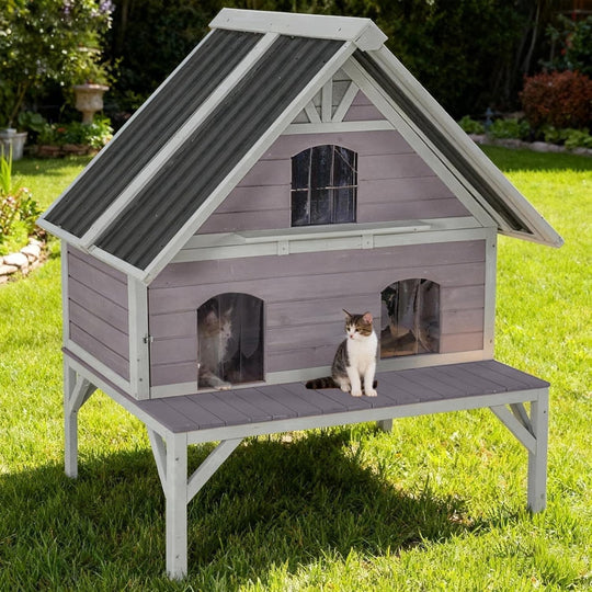 MEDEHOO Outdoor Cat House Weatherproof Large Feral Cat Shelter with 2-Layer, Wooden Cat Condo with Balcony, Escape Doors and Openable Back Door for Multiple Cats Indoor