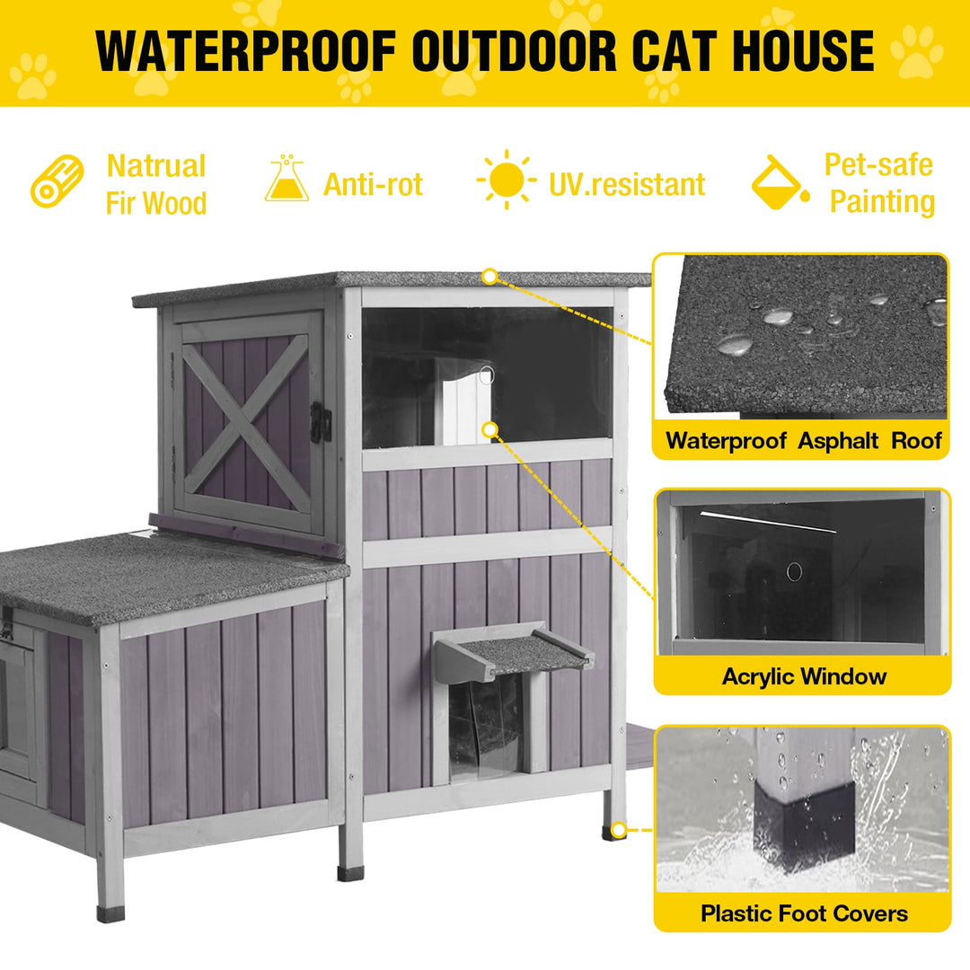 MEDEHOO Outdoor Cat House, Waterproof 2-Story Feral Cat Shelter for Outdoor and Indoor Use, Gray