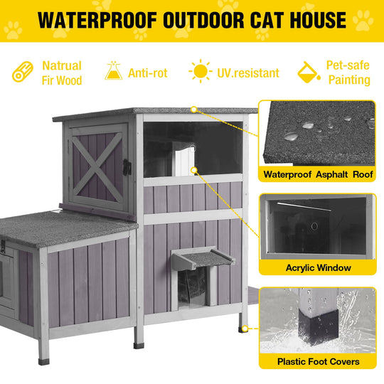 MEDEHOO Outdoor Cat House, Waterproof 2-Story Feral Cat Shelter for Outdoor and Indoor Use, Gray
