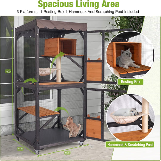 MEDEHOO Catio Outdoor Cat Enclosure Mobile Cat House Indoor On Wheels with Scratch Post,Hammock,Resting Box,Platform,Tarp Roof 71.9" AIR7014-N-WM