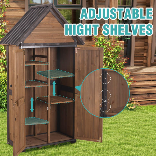 MEDEHOO Shed Outdoor Storage, Outdoor Storage Cabinet with Metal Frame &amp; Adjustable Shelves, Weatherproof Tool Shed for Backyard Patio Lawn, Brown AIR7004-A11-WM