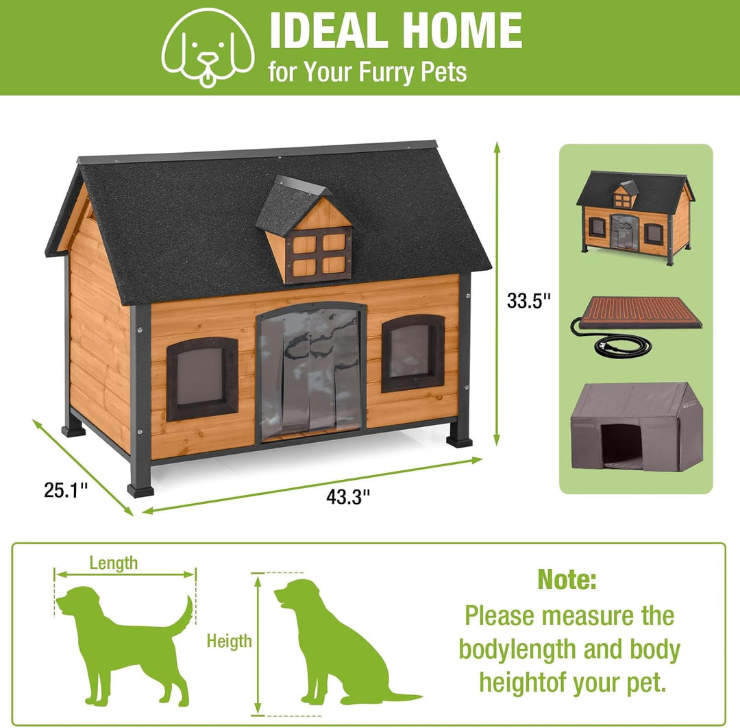 MEDEHOO Large Heated Dog House with Chew-Proof Metal Frame Safe Heating Pad, 6-Sided Thermal Liner, for Outdoor Use AIR90-IN-HP-WM