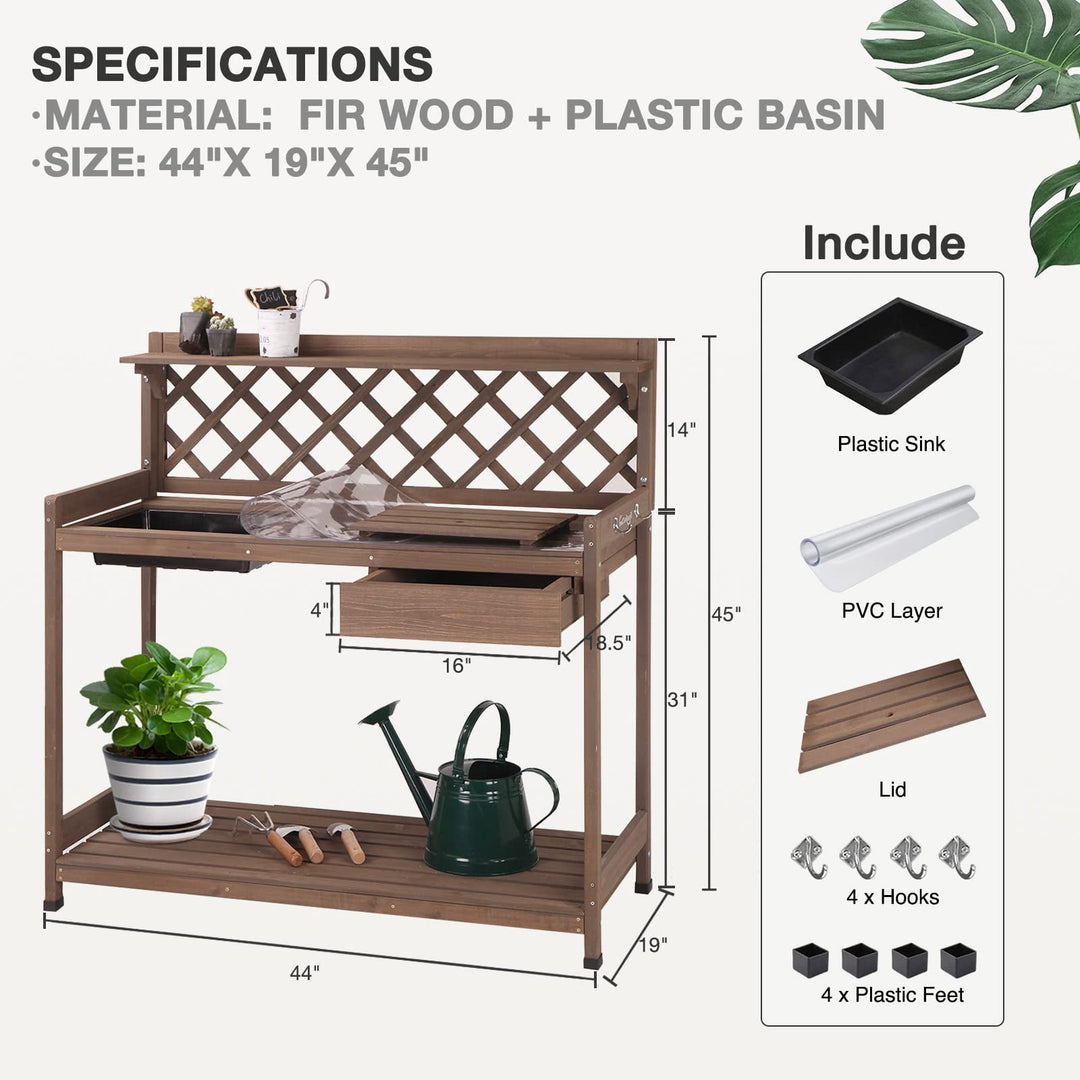 BUTINGLALE Potting Bench Potting Table Potting Benches for Outside 44 Inch Fir Wood Garden Potting Station Garden Table PVC Layer Storage Shelf Sink Drawer Hooks GUT04O
