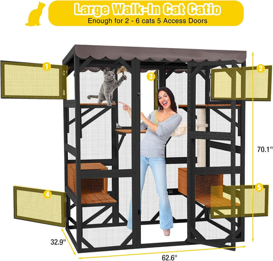 MEDEHOO 70" Large Catio Outdoor Cat Enclosure, Window Catio Wooden Cat House Walk-in Cat Cage with 7 Platforms, Scratch Post, Hammock for 2-6 Cats