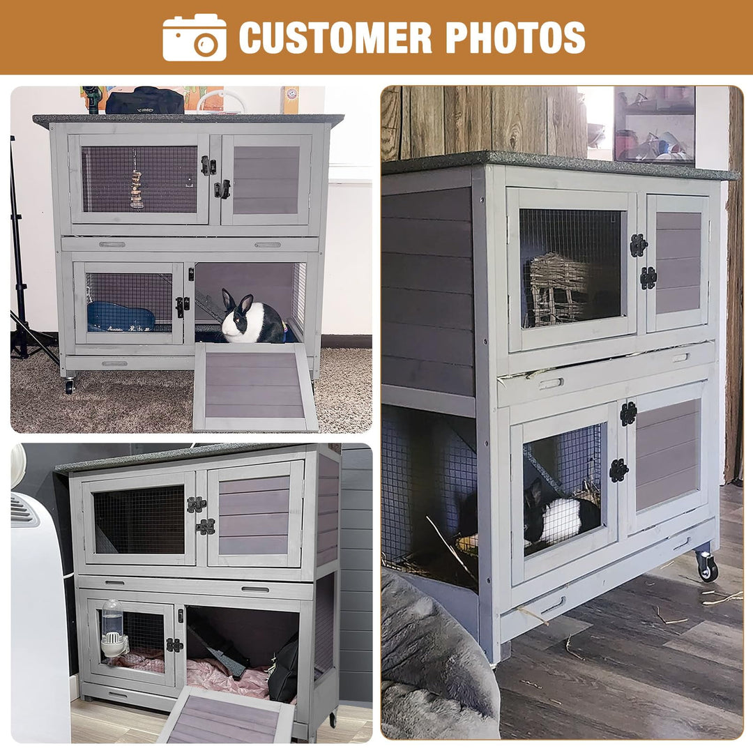 BUTINGLALE Rabbit Hutch Indoor Outdoor, Bunny Cage with Casters, Guinea Pig Cage Bunny Hutch with Two Plastic Trays 36inch SKY77-WM