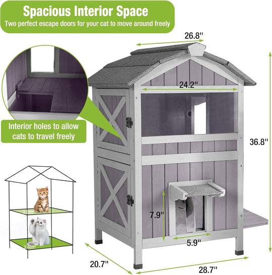 MEDEHOO Insulated Outdoor Cat House for Winter Feral Cat Shelter Weatherproof 2-Story AIR94-IN-N