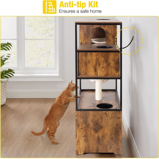 MEDEHOO Cat Litter Box Enclosure, Litter Box Furniture Hidden, Wooden Cat Washroom Furniture, Indoor Cat House with Condo, Hammock, Scratching Mat and Storage Shelves