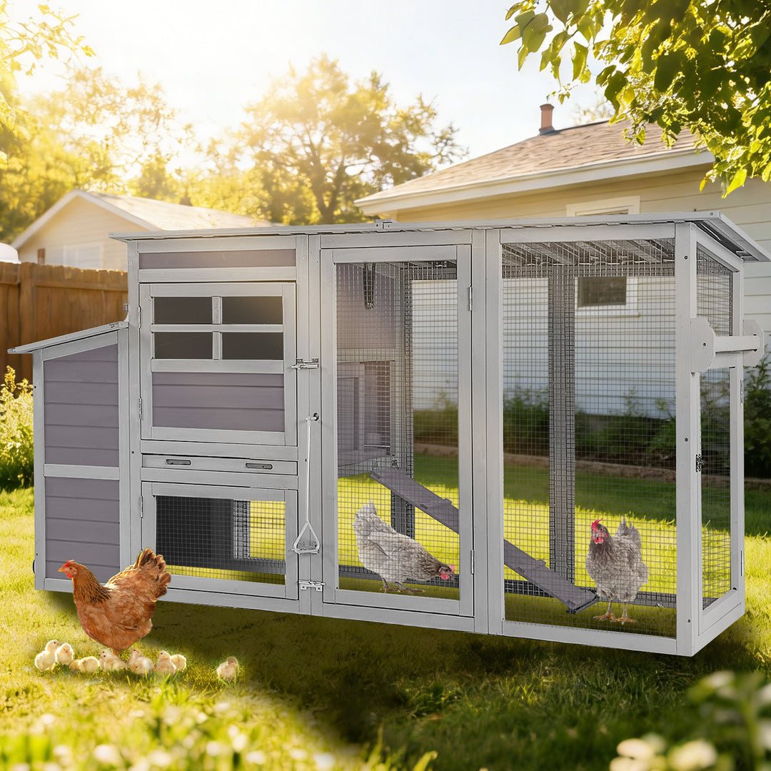 MEDEHOO 78in Large Chicken Coop with Wheels &amp; Removable Leakproof Tray, Outdoor Wooden Poultry House with Waterproof Roof, Nesting Box, Ramp and Run (Grey) AIR310-WM