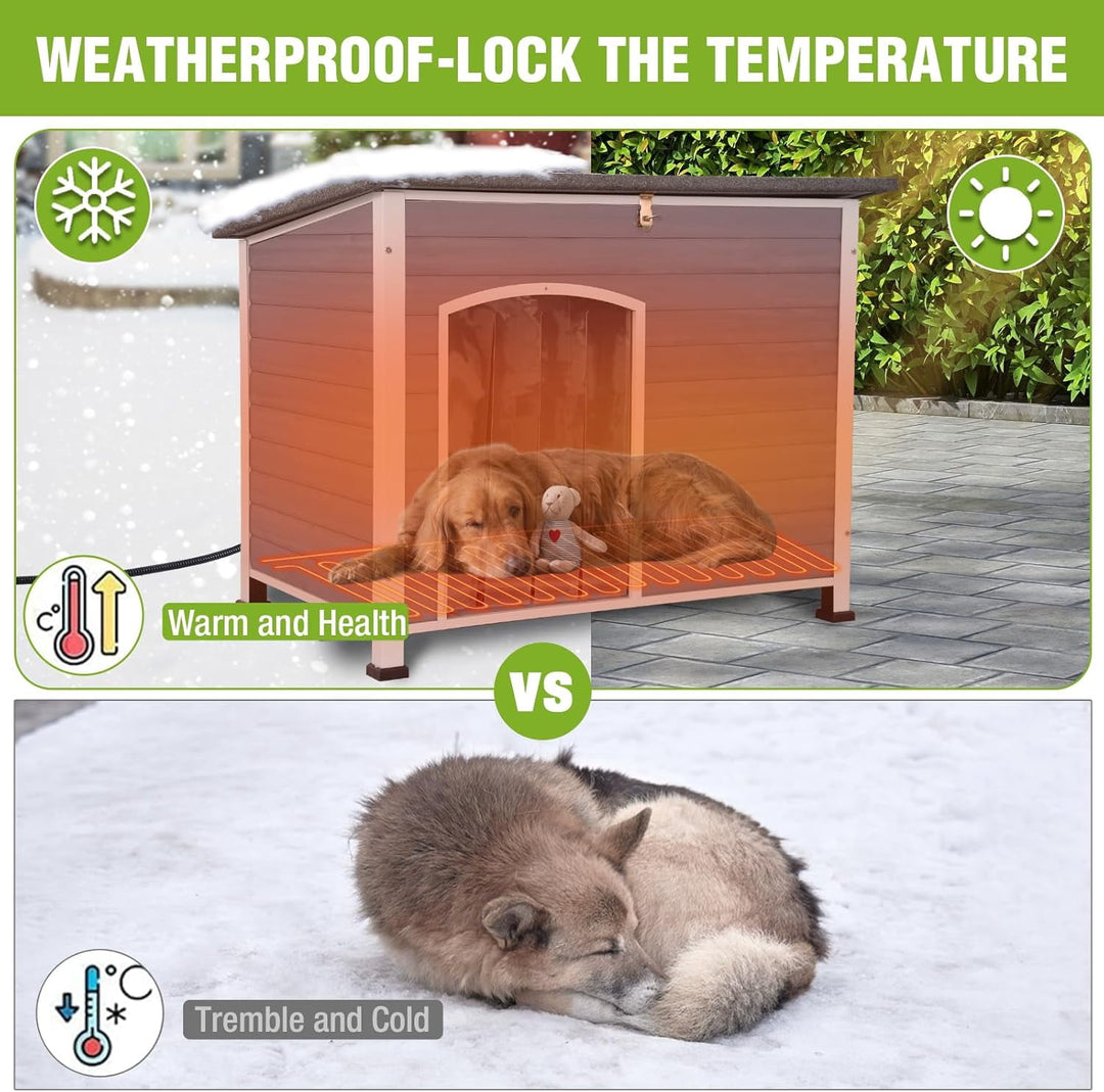 Extra Large Heated Insulated Dog House Outdoor Weatherproof XL Dog Kennel with Thermostat-Controlled Heating Pad, Thermal Liner, Chew-Proof Metal Frame for Large Dogs (Grey) AIR43-M-HP-J