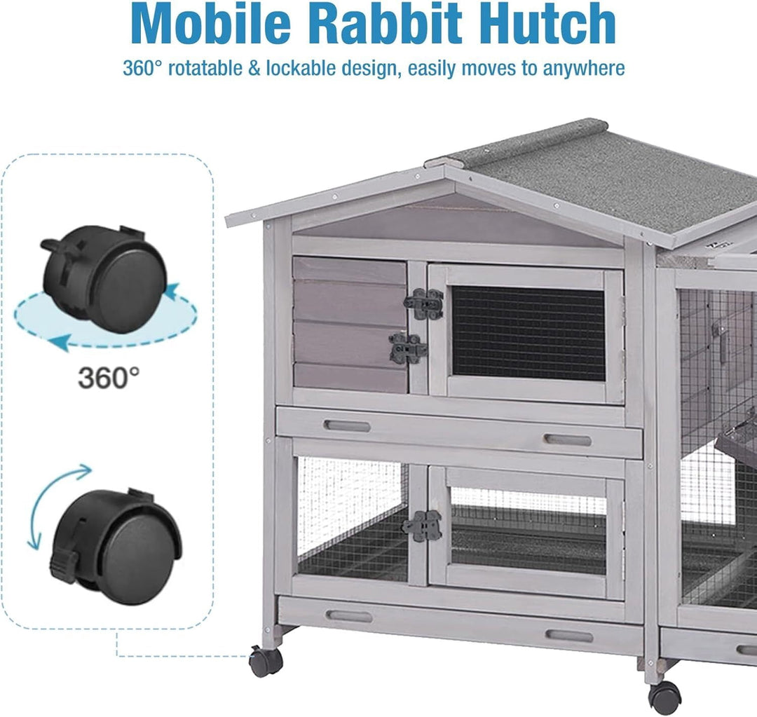 MEDEHOO Rabbit Hutch Indoor, 62’’ Bunny Hutch Outdoor, Mobile Rabbit House with Wheels, Wooden Bunny Cage with Leakproof Tray, Chew-Proof Ramp for Guinea Pig(Gray) AIR16-D11-WM