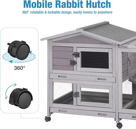 MEDEHOO Rabbit Hutch Indoor, 62’’ Bunny Hutch Outdoor, Mobile Rabbit House with Wheels, Wooden Bunny Cage with Leakproof Tray, Chew-Proof Ramp for Guinea Pig(Gray) AIR16-D11-WM