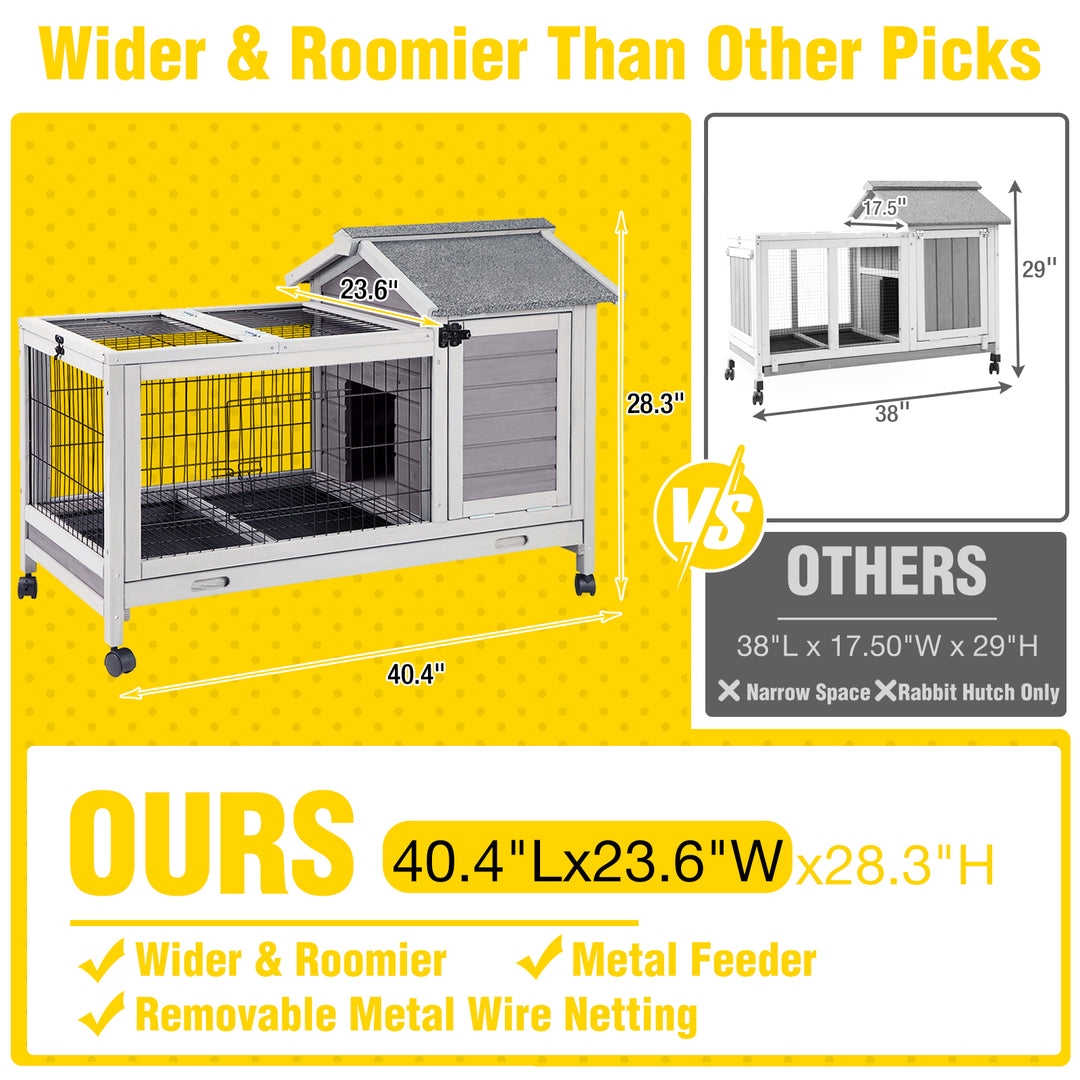 MEDEHOO 41" Mobile Rabbit Hutch with Removable Wire Floor, Wooden Bunny Cage on 4 Wheels with Deep Leak-Proof Plastic Tray, Indoor Outdoor Guinea Pig House, Gray