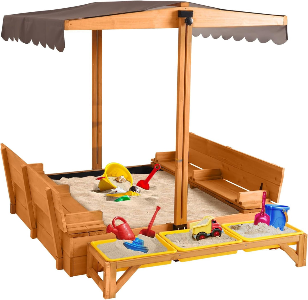 Wooden Sandbox Backyard Sand Box with Cover, Outdoor Sandbox for Kids with 3 Toy Bins