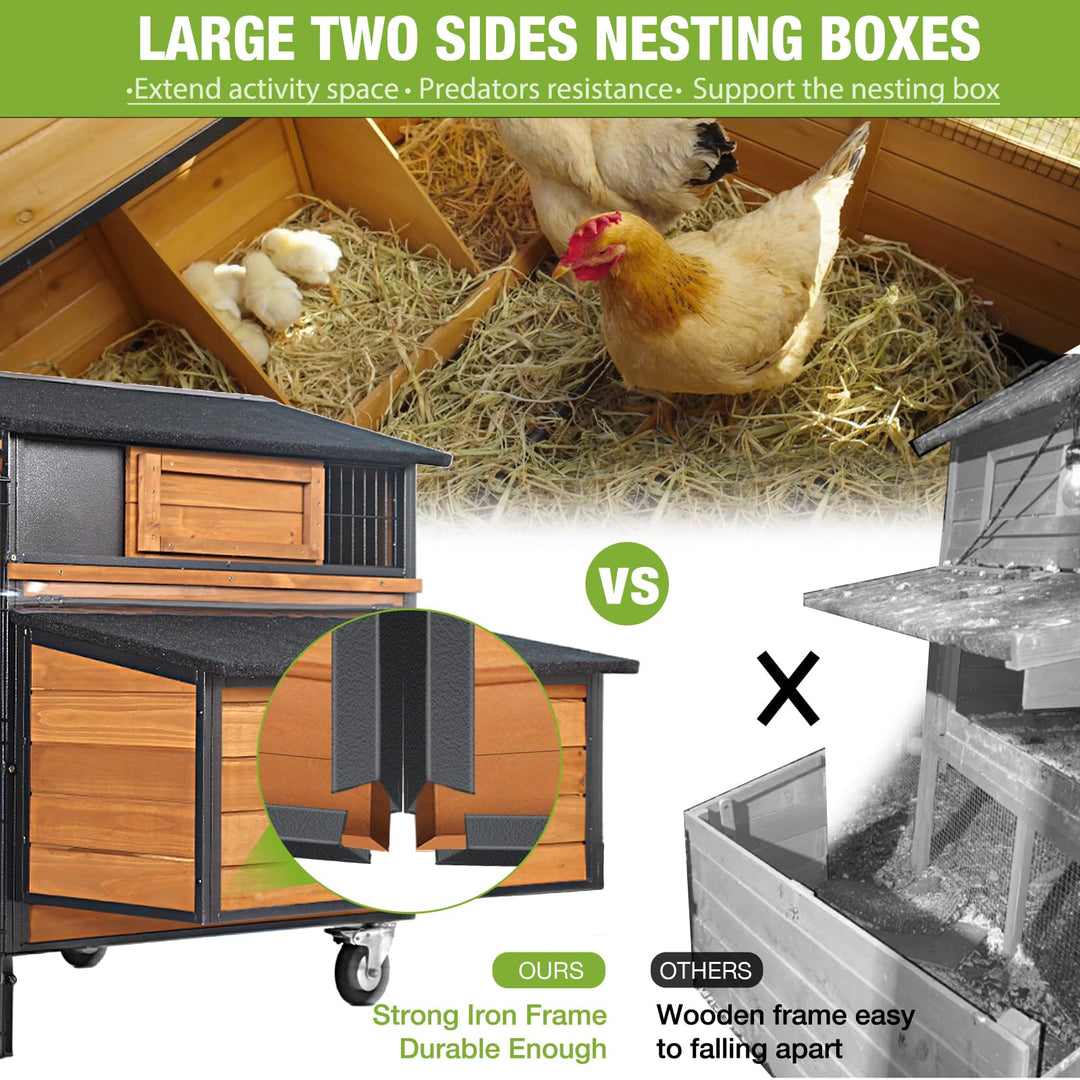 MEDEHOO Mobile Chicken Coop on Wheels for 6–8 Chickens, Chicken Coop with Metal Run &amp; 6 Nesting Boxes, All-Around Metal Frame Large Chicken Hen House, 76.7" L