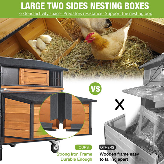 MEDEHOO Mobile Chicken Coop on Wheels for 6–8 Chickens, Chicken Coop with Metal Run &amp; 6 Nesting Boxes, All-Around Metal Frame Large Chicken Hen House, 76.7" L
