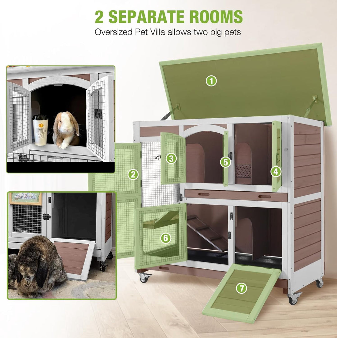 MEDEHOO Large Rabbit Hutch Wooden Bunny Cage Indoor with Chew-Proof Ramp, 2-Story Guinea Pig Cages with Casters, Pull-Out Trays for Rabbits, Guinea Pigs, 47.2" L x 19.7" W x 42.1" H RH-AIR06-D-MA-WM