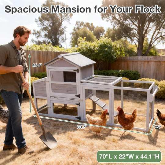 MEDEHOO Mobile Wooden Chicken Coop with Wheels, Large Chicken House with Nesting Box &amp; Removable Tray Outdoor Hen House (Grey, 45.3”L×26.8”W×35.4”H) AIR72-D14-WM