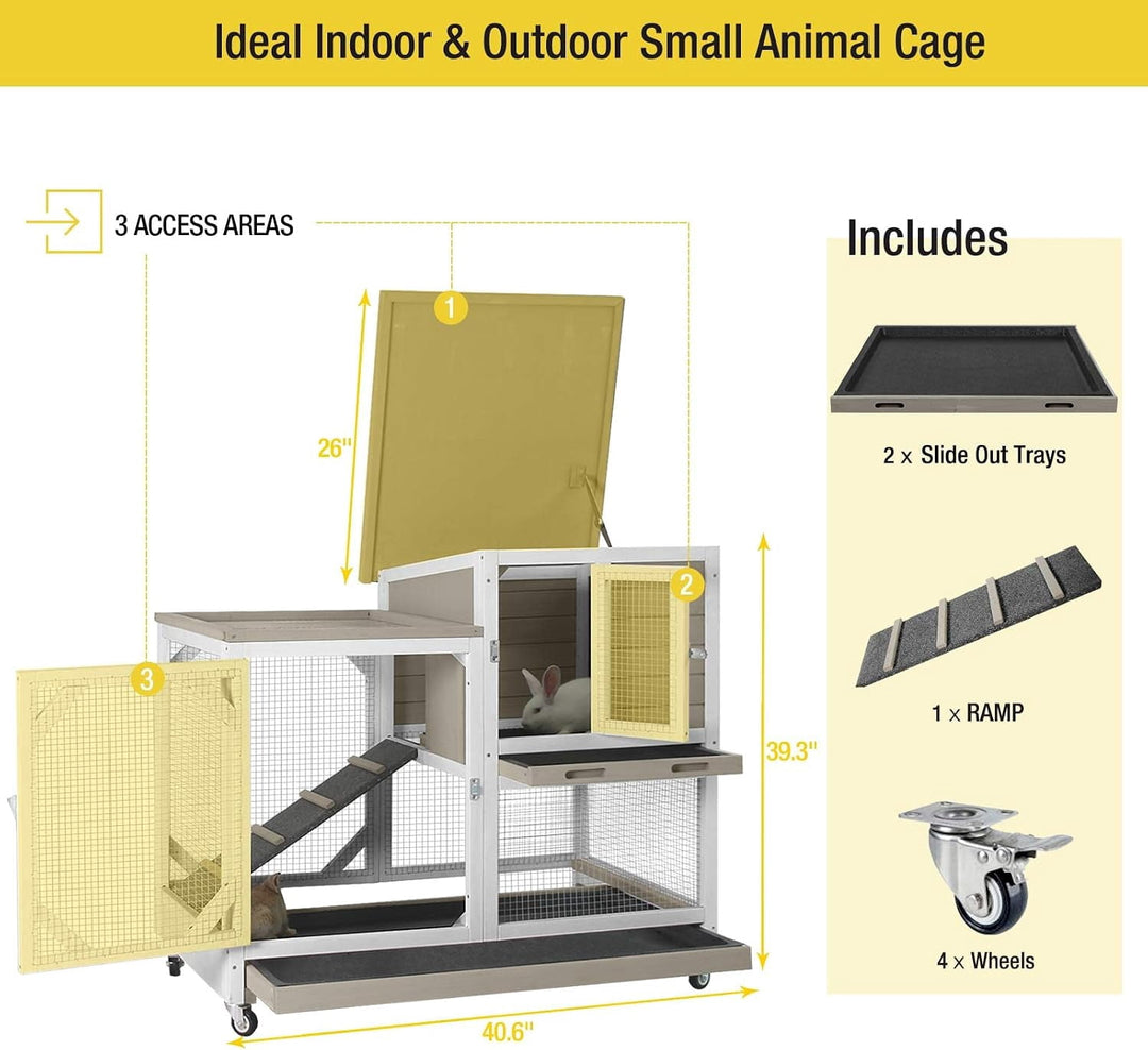 MEDEHOO Upgrade Rabbit Hutch Rabbit Cage Indoor Bunny Hutch with Run Outdoor Rabbit House with Two Deeper No Leak Trays - 4 Casters Include (Mocca Color Without Bottom Wire Netting) XZ7003-KK-WM