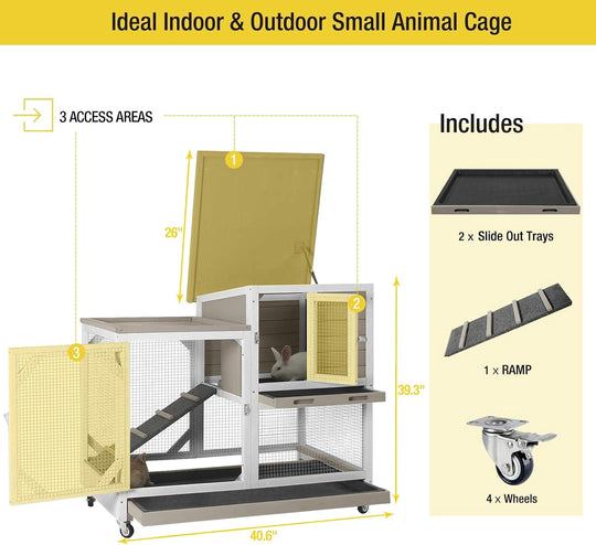 MEDEHOO Upgrade Rabbit Hutch Rabbit Cage Indoor Bunny Hutch with Run Outdoor Rabbit House with Two Deeper No Leak Trays - 4 Casters Include (Mocca Color Without Bottom Wire Netting) XZ7003-KK-WM