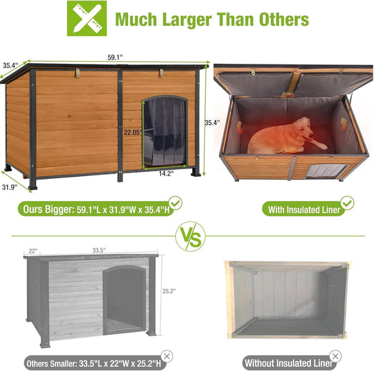 MEDEHOO Extra Large Insulated Outdoor Dog House with Insulated Liner for Winter, Weatherproof Dog Kennel with All-Around Iron Frame for Small, Medium, and Large Dog (Brown) AIR063-IN-WM