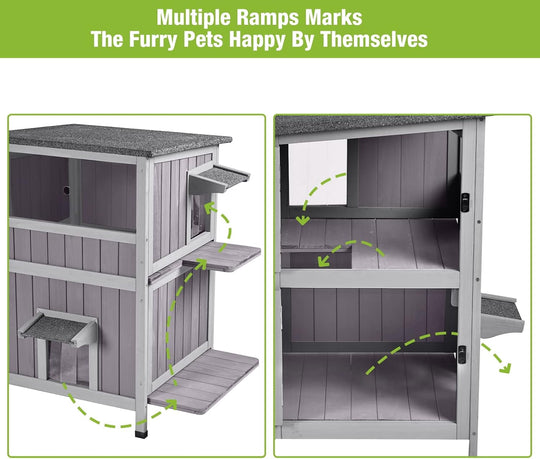 MEDEHOO 2-Story Outdoor Cat House, Weatherproof Feral Cat Shelter, Wooden Cat Cage for Outdoor and Indoor Cats Gray