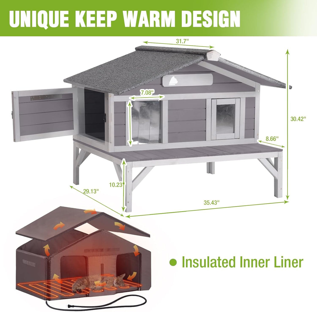 MEDEHOO Heated Cat House for Outside Insulated Feral Cat Shelter Outdoor for Winter, Weatherproof Kitty Condo with Heated Pad Indoor Gray AIR92M-IN-HP-2AML-WM