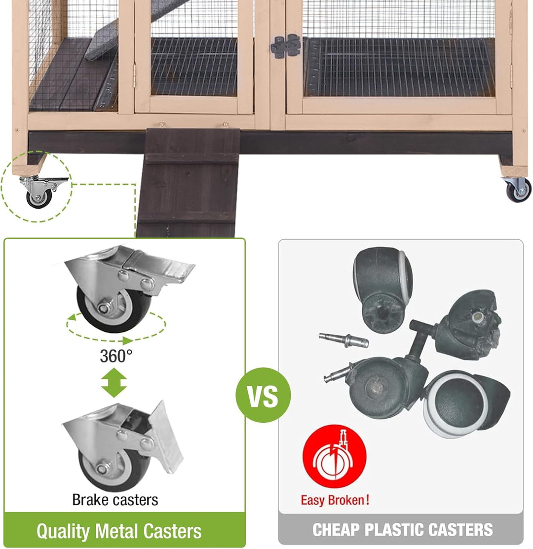 MEDEHOO Rabbit Hutch Wooden Rabbit Cage on Wheels 2 Story Guinea Pig Cage with Urine Guards,Pull Out Tray(Coffee Color) AIR35-00J