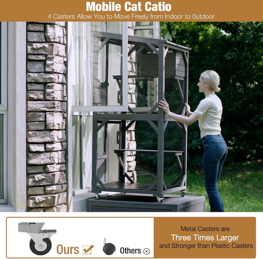 MEDEHOO 71 " Outdoor Catio Cat Enclosure , Kitty House Indoor with Perches and Condos Large Cat Shelter -Waterproof Catio Shelter with Wheels