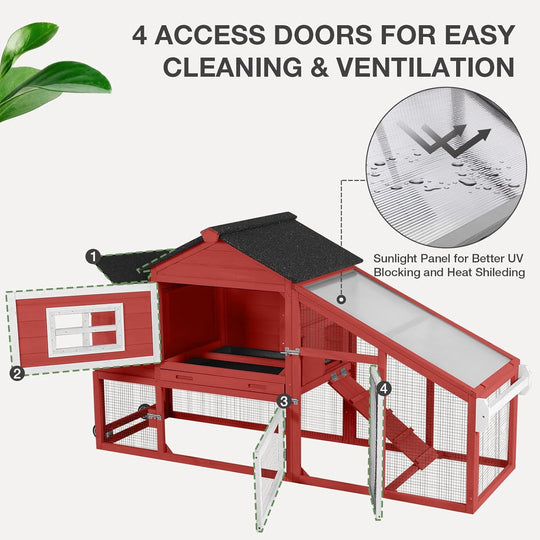 MEDEHOO Chicken Coop Expandable Chicken House for Outdoor with Wheels Nesting Box, Leakproof Pull-Out Tray &amp; UV-Resistant Roof Panel, Red AIR23-RJ-WM2