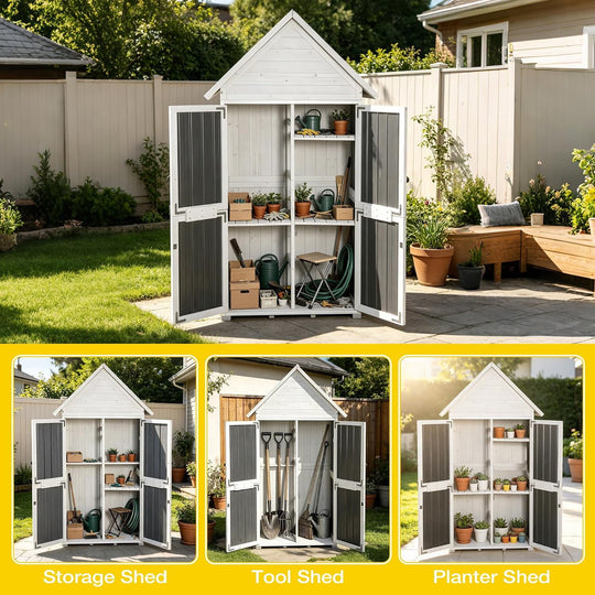67.1" Outdoor Storage Cabinet Waterproof with Lockable Double Doors, Garden Storage Cabinet with Adjustable Shelves, Tool Organizer for Outside, White