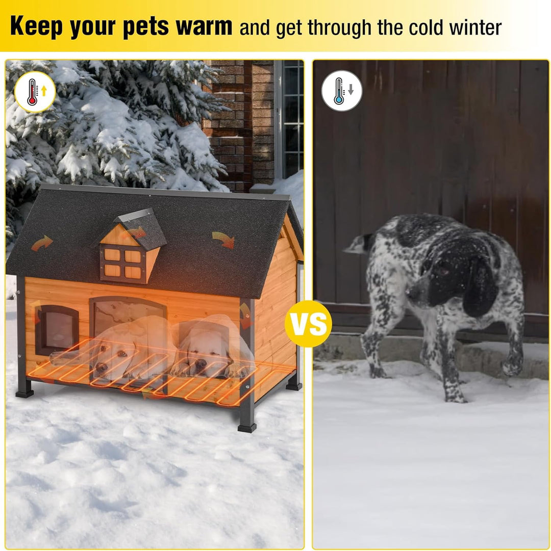 MEDEHOO Heated Dog House with Insulated Liner Wooden Anti-Chewing Metal Frame Dog Kennel