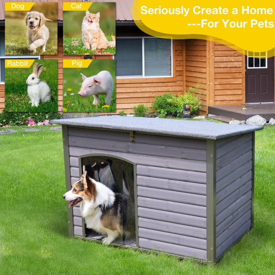 MEDEHOO Indoor Outdoor Dog House,Anti-Chewing Iron Frame Dog Kennel,Wood Warm Pets Home,Weatherproof Outside Shelter GUT75-WM