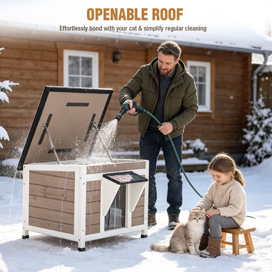 MEDEHOO Outdoor Cat House with Insulated Liner Escape Door Weatherproof Roof Feral Cat Shelter for Winter Outside Brown AIR12-B-IN-ML-WM